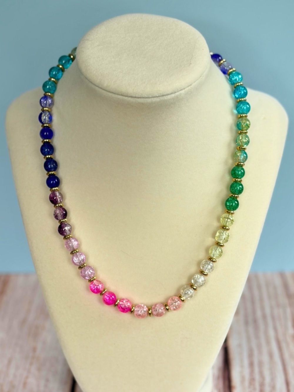 Multicolor Crystal Bead Necklace - Vibrant Pink to Blue Gradient